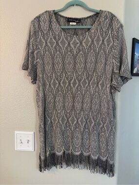 Vintage 80s 90s Metallic Silver Knit Fringe Tunic Top Plus 22W USA Made